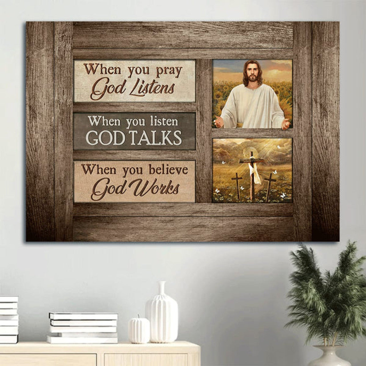 Three Crosses Positive Quote When You Believe God Works Canvas Wall Art - Christian Wall Decor