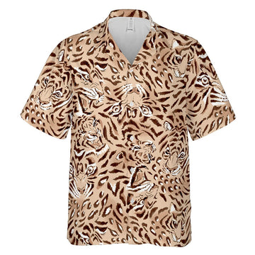 Hawaiian Camp Collar Short Sleeve Button-Down Shirt Tiger Faces, Tiger Hawaiian Shirts