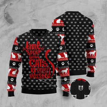 FUNSTUFFPRINT Time With Cat Christmas Ugly Christmas Sweater, Christmas Cat Ugly Sweater, Ugly Cat Xmas Sweater Ugly Sweater
