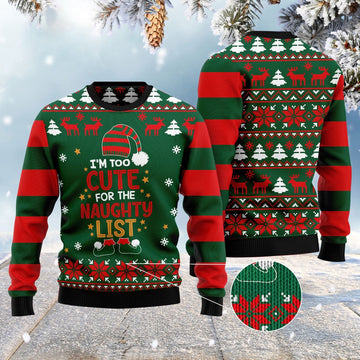 FUNSTUFFPRINT Too Cute For The Naughty List Ugly Christmas Sweater, Christmas Sweater, Ugly Sweater, Funny Xmas Sweaters Ugly Sweater