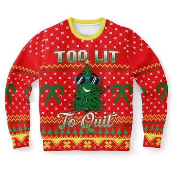 FUNSTUFFPRINT Too Lit To Quit Ugly Christmas Sweater, Christmas Sweater, Ugly Sweater, Funny Xmas Sweaters Ugly Sweater