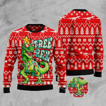 FUNSTUFFPRINT Tree Rex T-Rex Dinosaur Ugly Christmas Sweater, Xmas Tree Sweater, Christmas Sweater Ugly Sweater