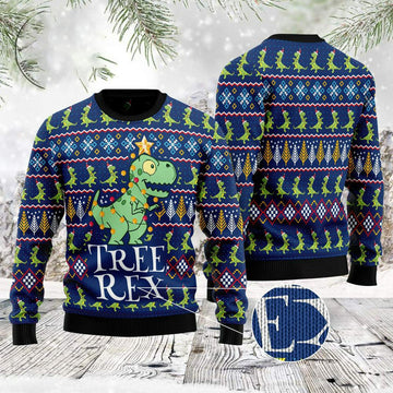 FUNSTUFFPRINT Tree Rex Ugly Christmas Sweater, Xmas Tree Sweater, Christmas Sweater Ugly Sweater