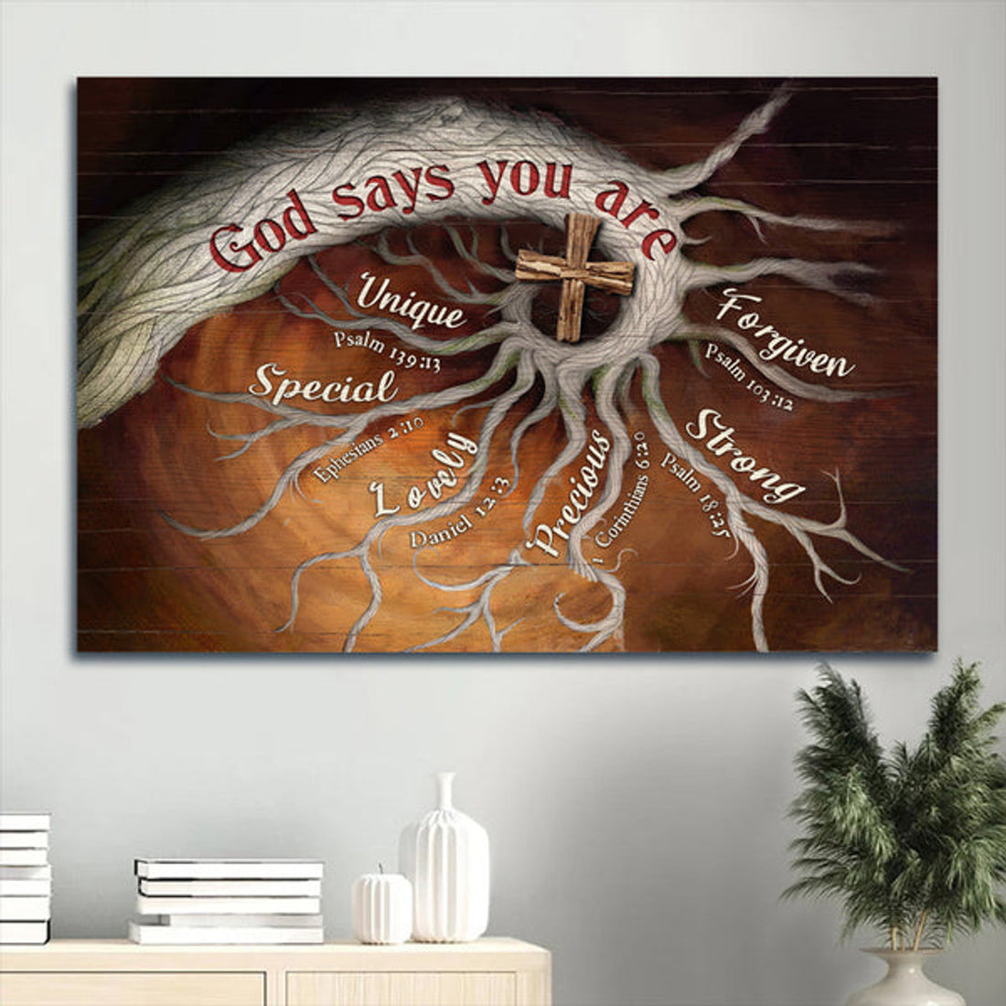 Tree Roots Wooden Cross Painting Bible Verses God Says You Are Canvas Wall Art - Christian Wall Decor