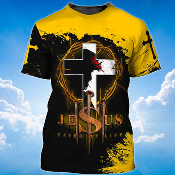 FUNSTUFFPRINT Jesus Christ Saved My Life Shirt Men Women Yellow And Black Color 3D T-shirt