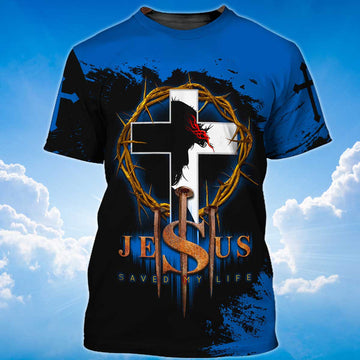 FUNSTUFFPRINT Jesus Christ Saved My Life 3D Tee Shirts Blue And Black 3D T-shirt