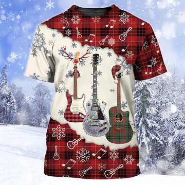 FUNSTUFFPRINT 3D All Over Print Guitar Snow Men Women, Guitar Shirt Sleeve, Christmas Gift For Guitarist 3D T-shirt