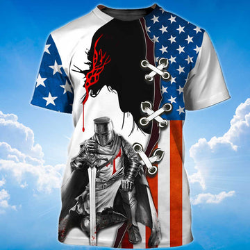 FUNSTUFFPRINT Knight Templar T-Shirt Religious 3D Tee Shirt American Flag Pattern 3D T-shirt