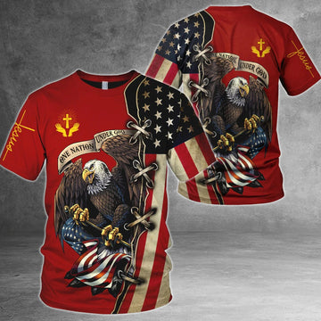 FUNSTUFFPRINT One Nation Under God American Flag Eagle All Over PrinT-Shirt Patriotic 3D Clothing 3D T-shirt