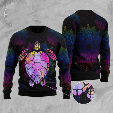 FUNSTUFFPRINT Turtle Purple Mandala Ugly Christmas Sweater, Christmas Sweater, Ugly Sweater, Funny Xmas Sweaters Ugly Sweater