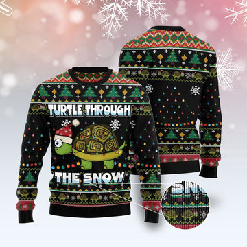 FUNSTUFFPRINT Turtle Through The Snow Ugly Christmas Sweater, Christmas Sweater, Ugly Sweater, Funny Xmas Sweaters Ugly Sweater