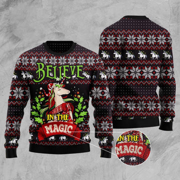 FUNSTUFFPRINT Unicorn Believe In The Magic Ugly Christmas Sweater, Christmas Sweater, Ugly Sweater, Funny Xmas Sweaters Ugly Sweater