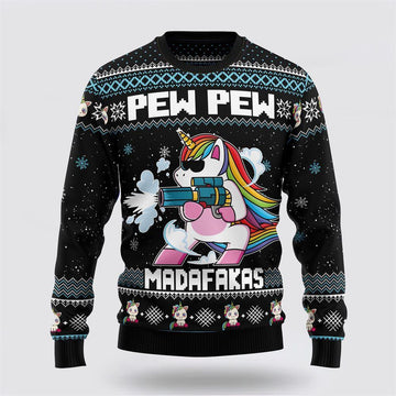 FUNSTUFFPRINT Unicorn Pew Pew Ugly Christmas Sweater – Best Gift For Christmas Ugly Sweater