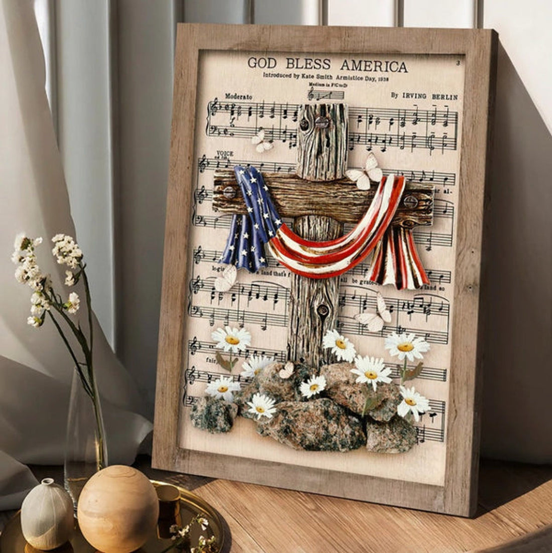Unique Cross Vintage Music Sheet American Flag God Bless America Canvas Wall Art - Christian Wall Posters - Religious Wall Decor