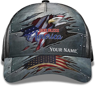 FUNSTUFFPRINT Unisex God Bless America Bald Eagle Custom Name All Over Print Baseball Cap - Christian Hats For Men Women