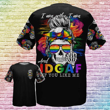 FUNSTUFFPRINT Skull Lesbian Shirt For Pride Month, I Am Who I Am And Idgarf if You Like Me, Gay Pride Shirt 3D T-shirt