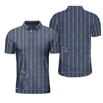 Vertical Stripe Golf Club Polo Shirt, Black And White One Line Drawing Golfer Polo Shirt, Unique Golf Shirt For Men