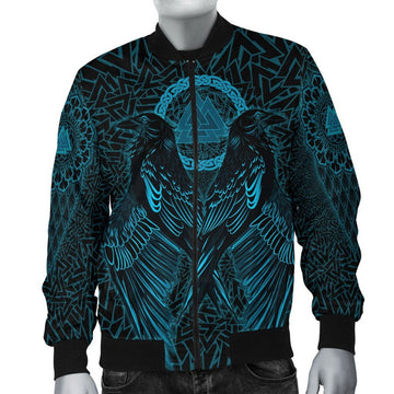FUNSTUFFPRINT VikingStyle Bomber Jacket Raven Valknut Cyan 3D Bomber Jacket