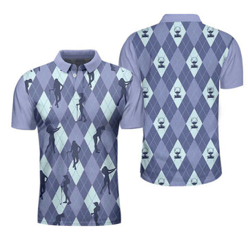 Vintage Blue Palatte Girl Golf Polo Shirt, Argyle Pattern Girl Golfer Silhouette Polo Shirt, Fun Golf Shirt For Men
