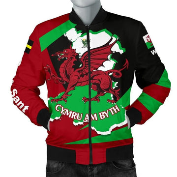 FUNSTUFFPRINT Wales Men's Bomber Jacket, St David's Day with Map and Flag 3D Bomber Jacket