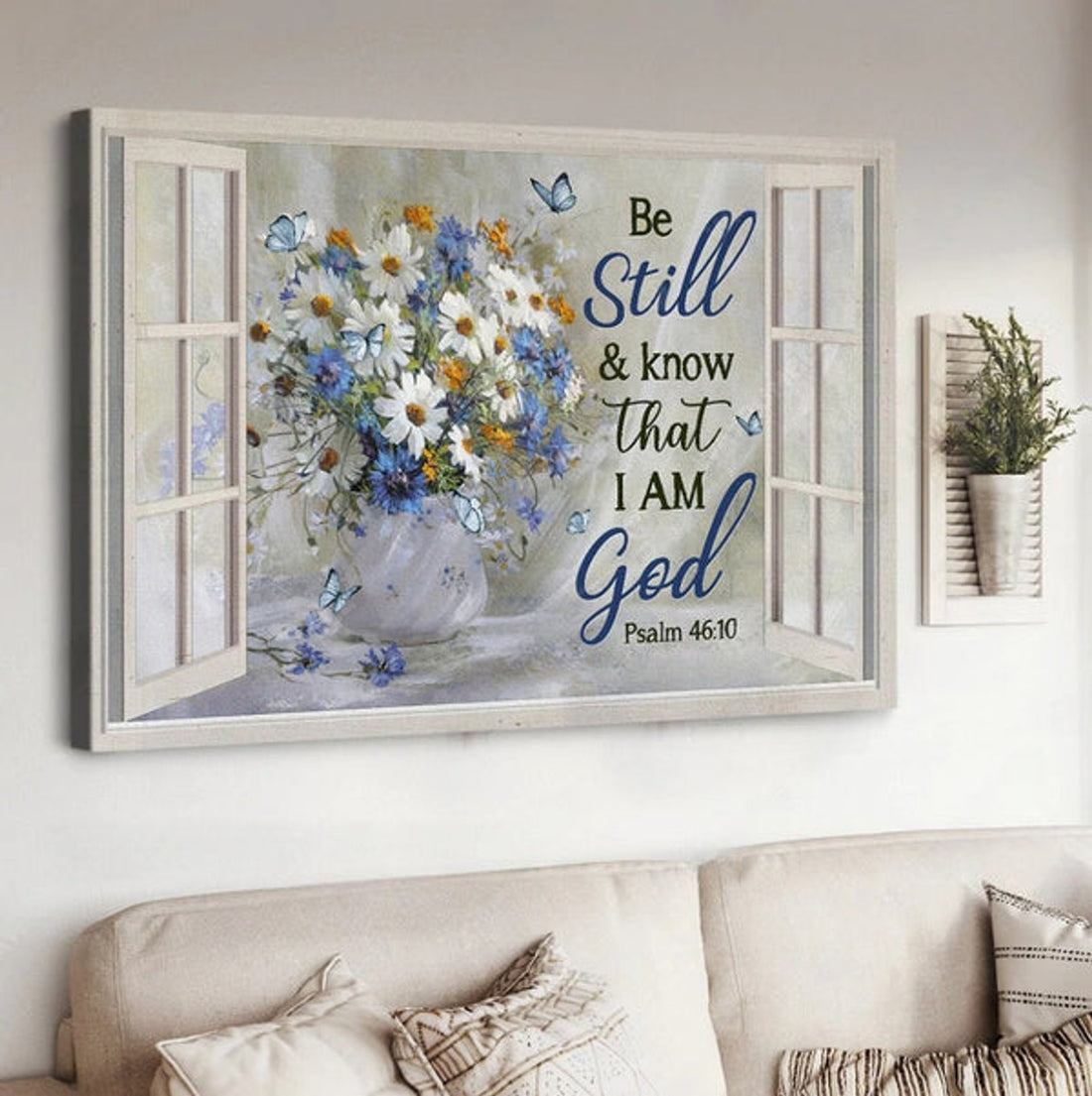 Watercolor Daisy Blue Flower Be Still And Know That I Am God Canvas Wall Art - Christian Poster - Religious Wall Decor