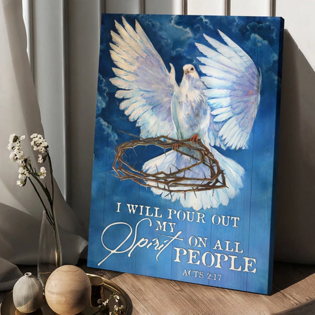 Watercolor Dove Crown Of Thorn I Will Pour Out My Spirit On All People Canvas Wall Art - Christian Wall Posters - Religious Wall Decor