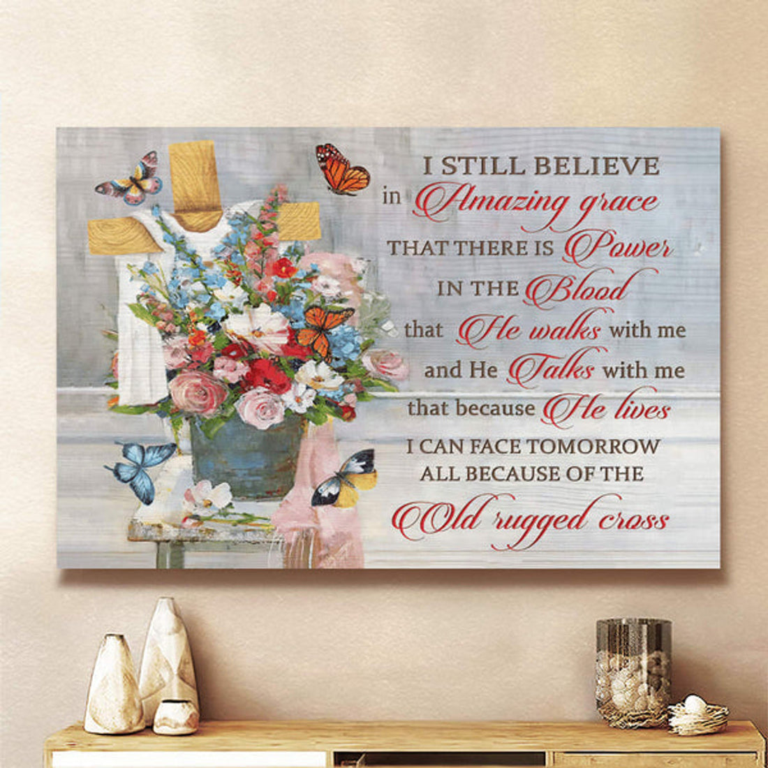 Watercolor Flowers Vase Jesus Old Rugged Cross Butterfly Canvas Wall Art - Christian Poster - Religious Wall Decor