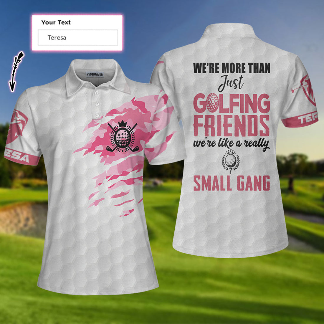 Custom We're Like A Really Small Gang Golf Custom Name Women Polo Shirt, Personalized White And Pink Golf Shirt For Ladies - Perfect Gift For Women, Ladies