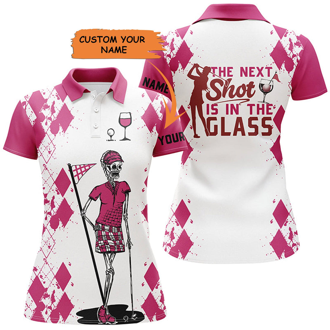 Custom White Pink Womens Golf Polo Shirt Golf & Wine Skull Custom Name The Next Shot Is In The Glass, Best Gift For Women