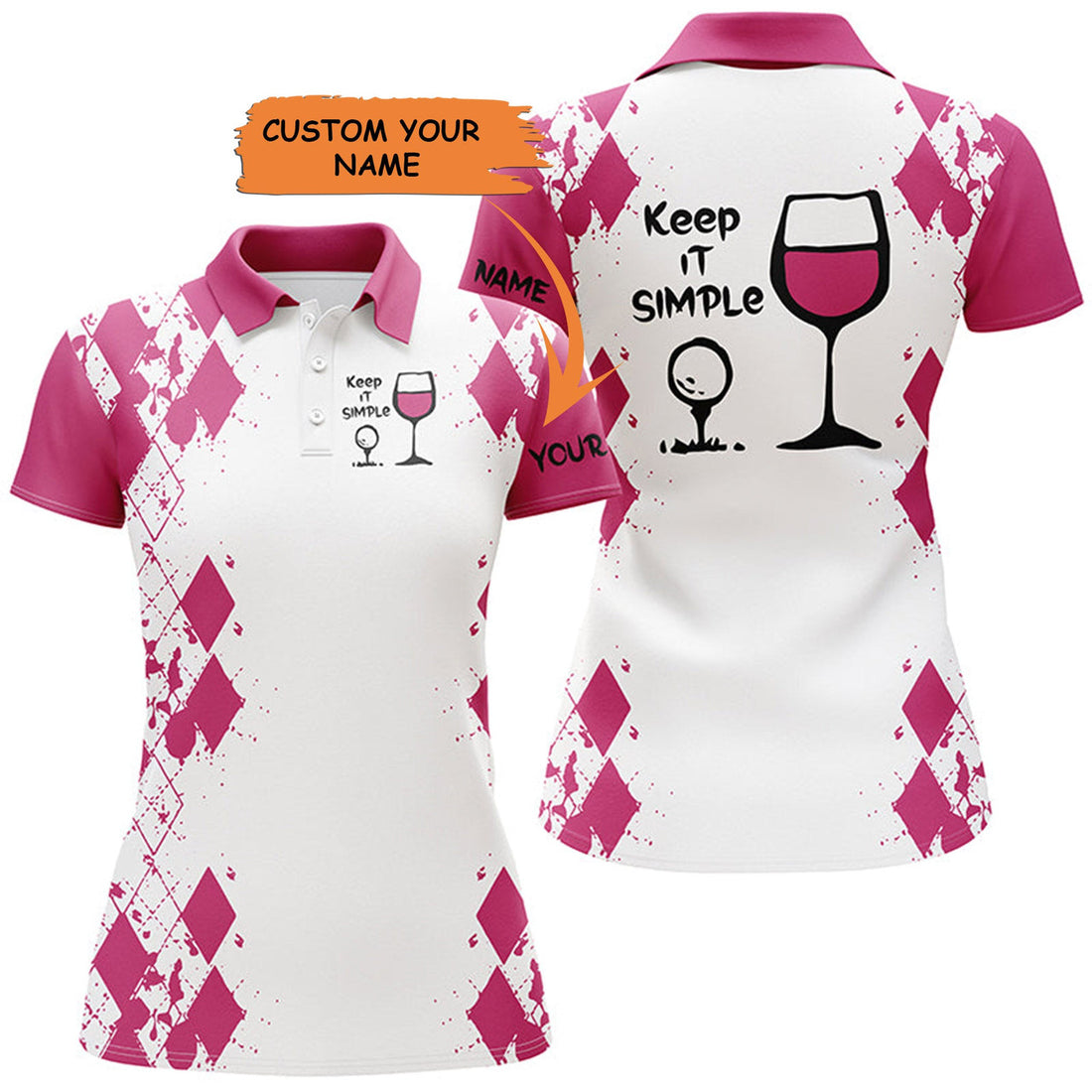 Custom White Pink Womens Golf Shirt Keep It Simple Golf & Wine Custom Name Womens Golf Polo Shirt