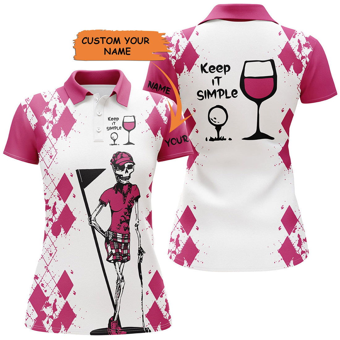 Custom White Pink Womens Golf Shirt Skull Keep It Simple Golf & Wine Custom Name Womens Golf Polo Shirt