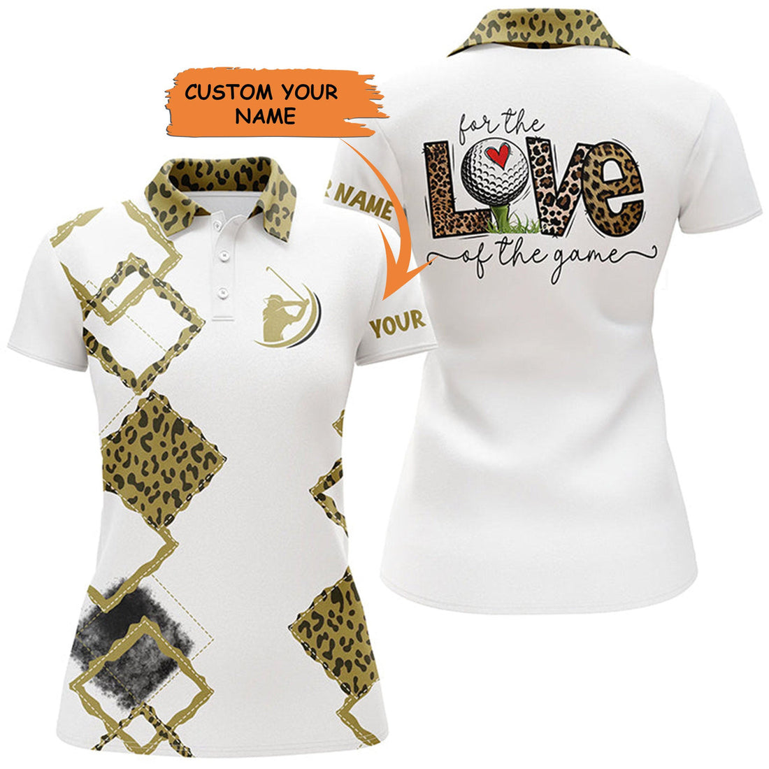 Custom White Womens Golf Polo Shirts Custom Name For The Love Of The Game Leopard Golf Shirts
