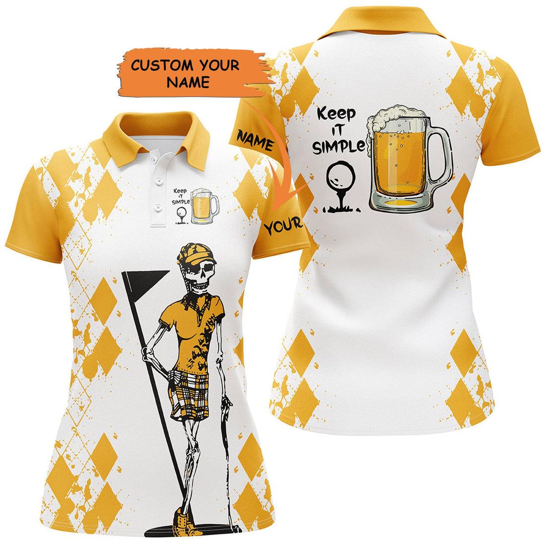 Custom White Yellow Womens Golf Shirt Skull Keep It Simple Golf & Beer Custom Name Womens Golf Polo Shirt