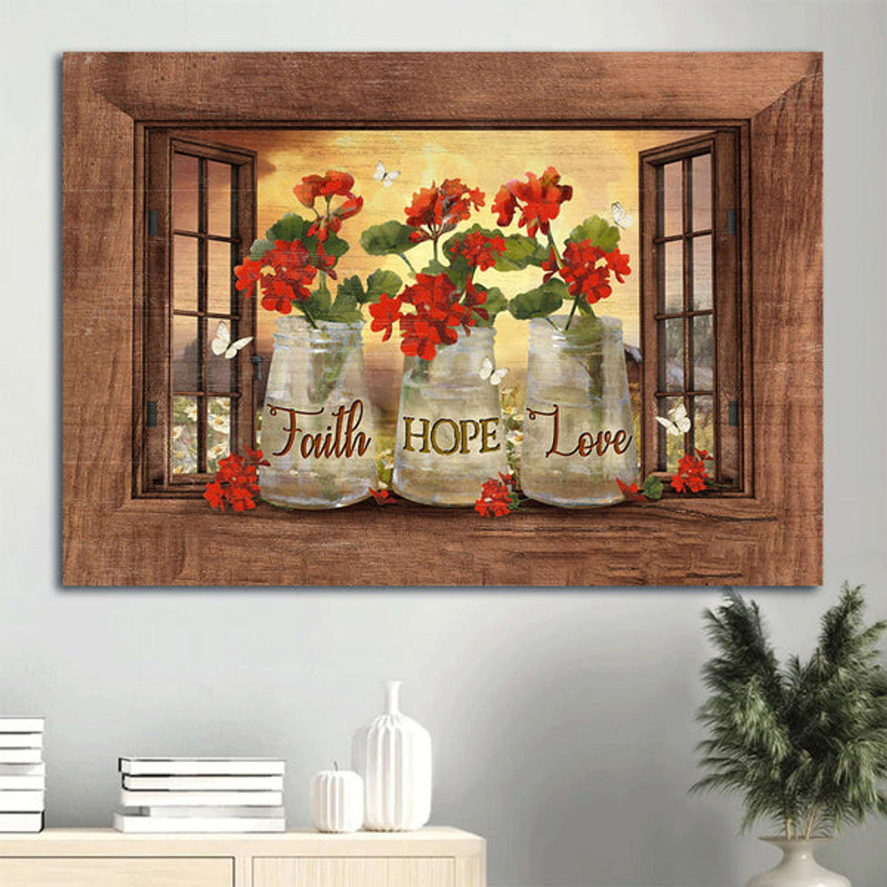 White Butterfly Wooden Windows Faith Hope Love Canvas Wall Art - Christian Wall Decor