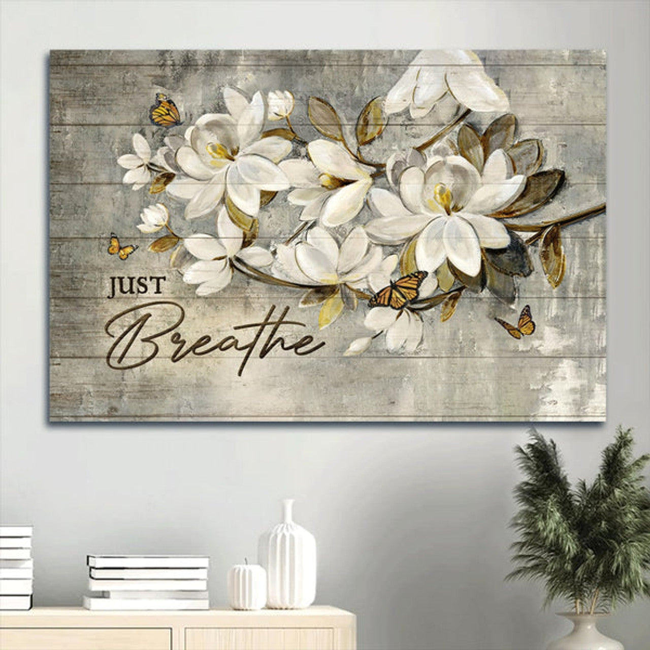 White Flower Painting Monarch Butterfly Just Breathe Canvas Wall Art - Christian Wall Decor