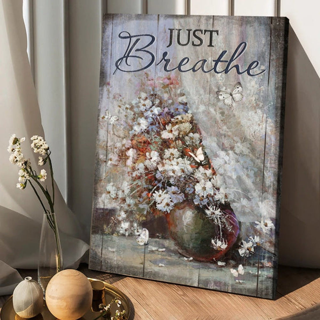 White Flower Vase Unique Butterfly Just Breathe Canvas Wall Art - Christian Wall Posters - Religious Wall Decor