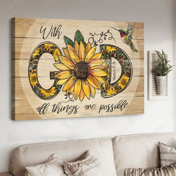 With God All Things Are Possible, Humminbird Sunflower, Wall Art Decor Poster and Canvas