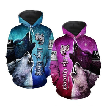 FUNSTUFFPRINT Custom Wolf Couple Matching 3D Hoodie Her King His Queen 3D Hoodie and Zip Hoodie