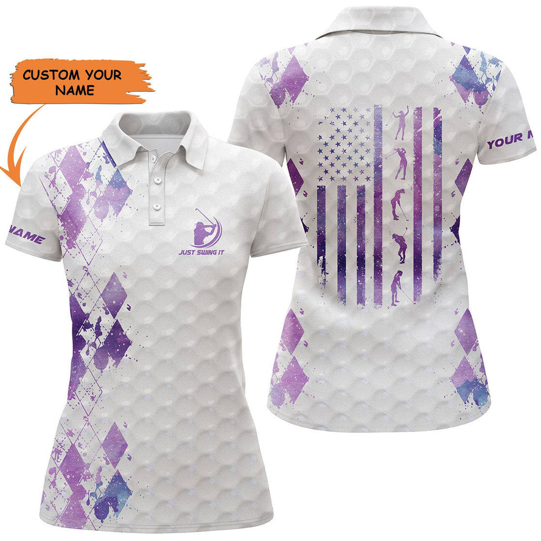 Custom Women Golf Polo Shirt Just Swing It American Flag Patriotic Custom Name Purple Galaxy Women Golf Shirt
