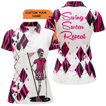 Custom Women Golf Polo Shirts Custom Funny Ladies Golf Skull Pink Zebra Pattern Golf Shirt Swing Swear Repeat, Perfect Gift For Women