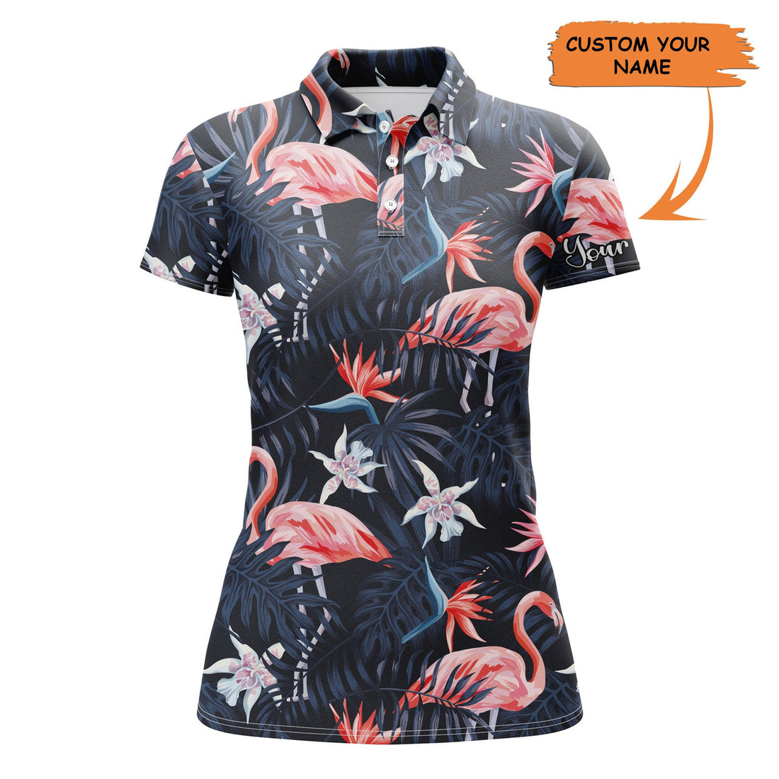 Custom Women Golf Polo Shirt Tropical Birds Pink Flamingo Dark Blue Palm Leaves Custom Polo Shirts