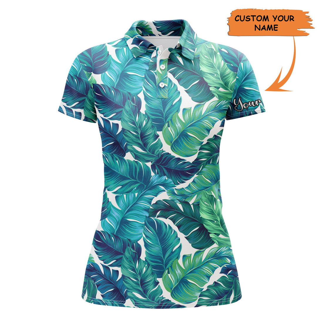 Custom Women Golf Polo Shirt Turquoise And Green Tropical Leaves Custom Team Golf Polo Shirts