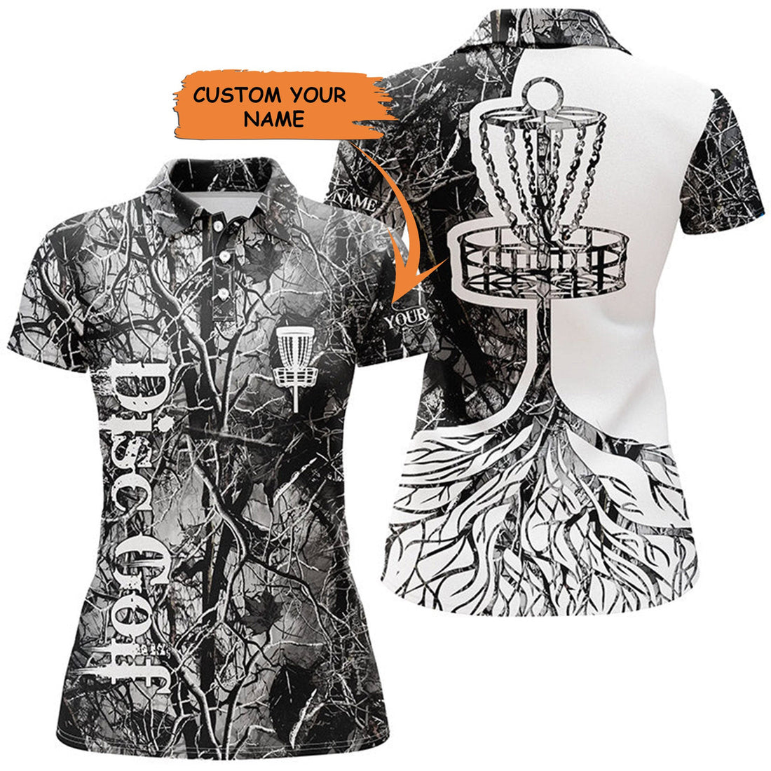 Custom Womens Disc Golf Polo Shirt Custom Name Gray Camo Disc Golf Basket, Personalized Disc Golf Shirts , Perfect Gift For Women