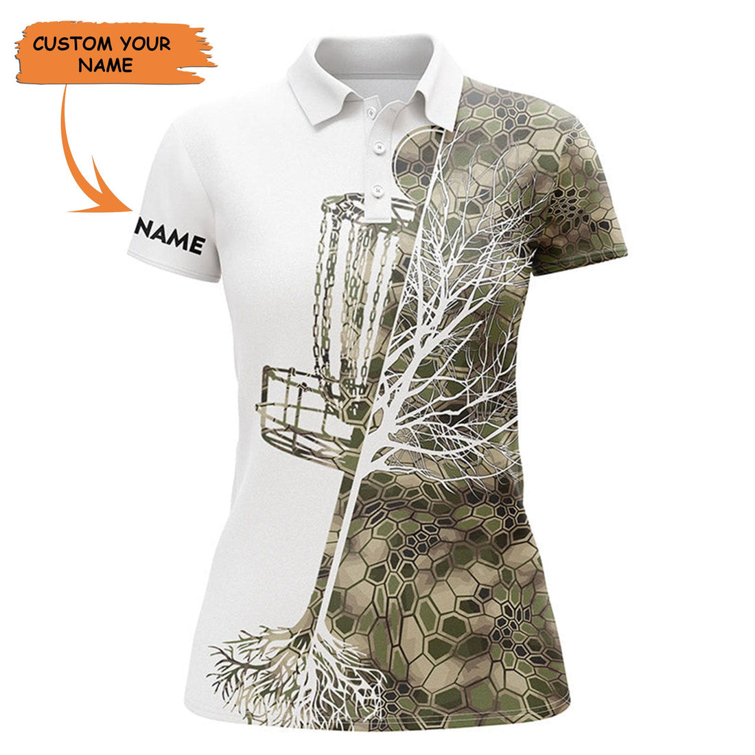Custom Womens Disc Golf Polo Shirt Custom Name Green Camo Disc Golf Basket, Personalized Disc Golf Shirts , Perfect Gift For Women