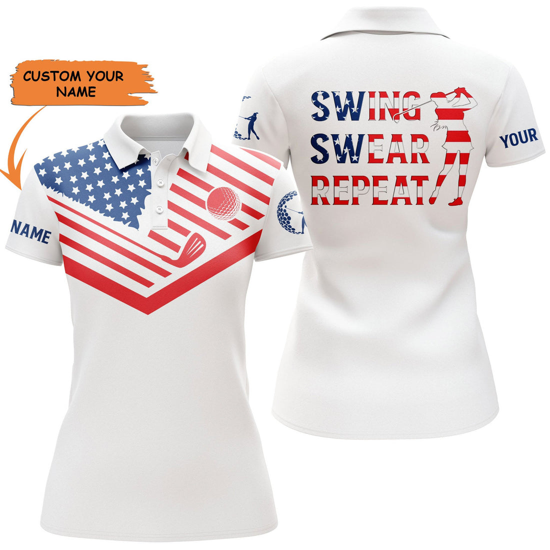 Custom Womens Golf Polo Shirt American Flag 4th July Patriot Custom Name Swing Swear Repeat White Golf Shirt