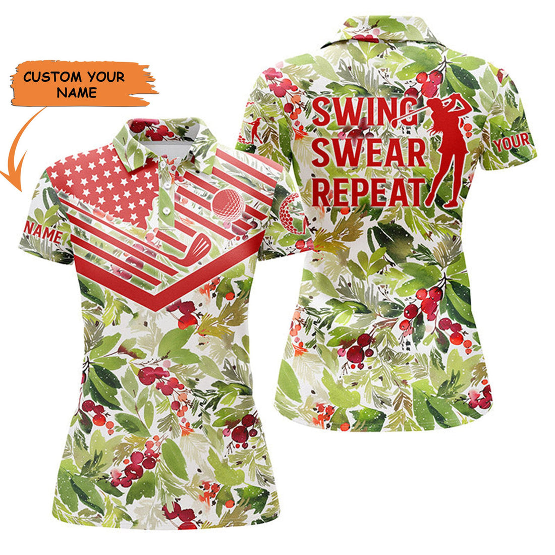 Custom Womens Golf Polo Shirt Christmas Pattern American Flag Custom Name Swing Swear Repeat Golf Shirt, Perfect Gift For Women