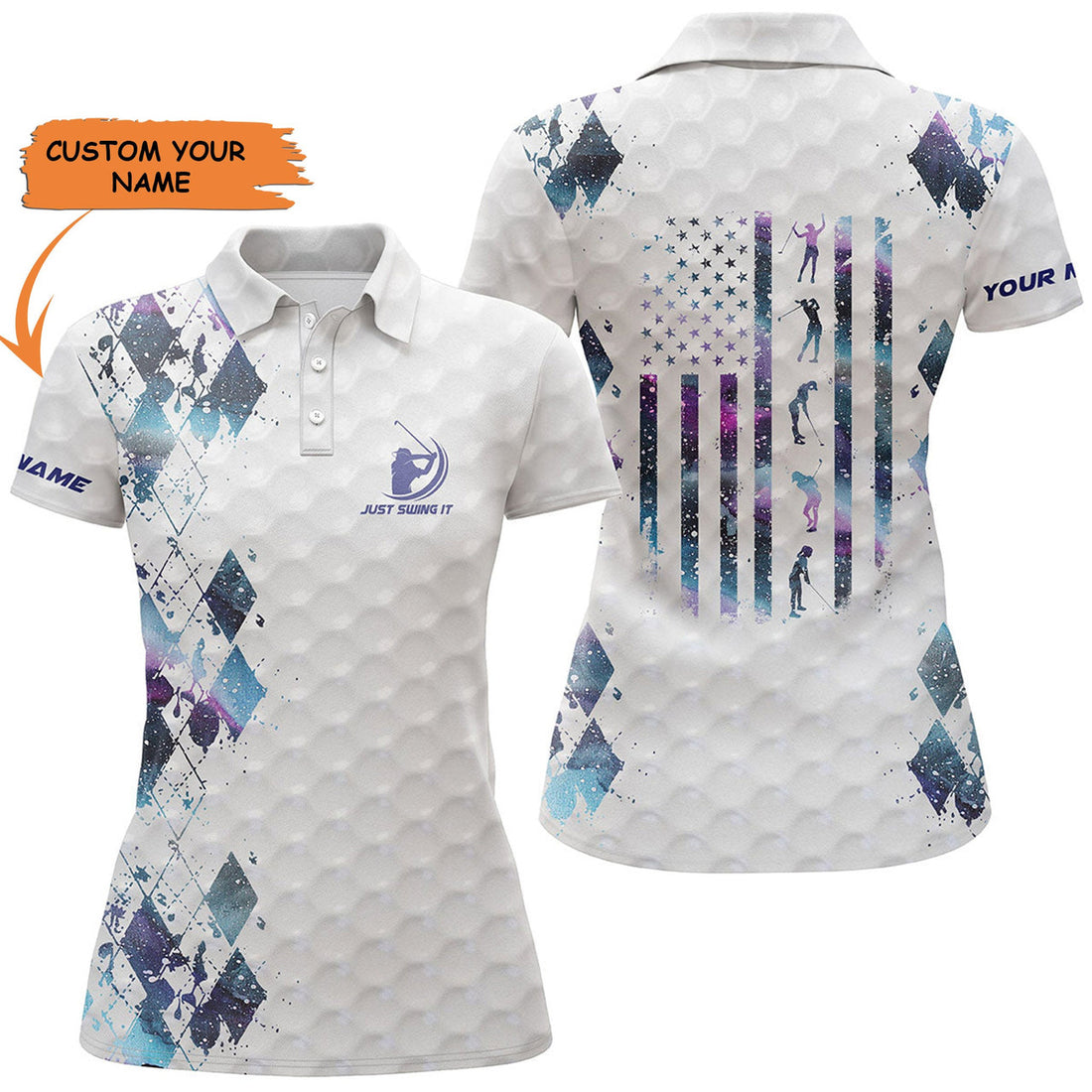 Custom Womens Golf Polo Shirt Just Swing It American Flag Patriotic Custom Name Blue Galaxy Women Golf Shirt