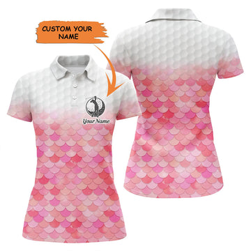 Custom Womens Golf Polo Shirt Bling Pink Mermaid Scales Custom Name Pattern Golf Shirts, Ladies Golf Tops