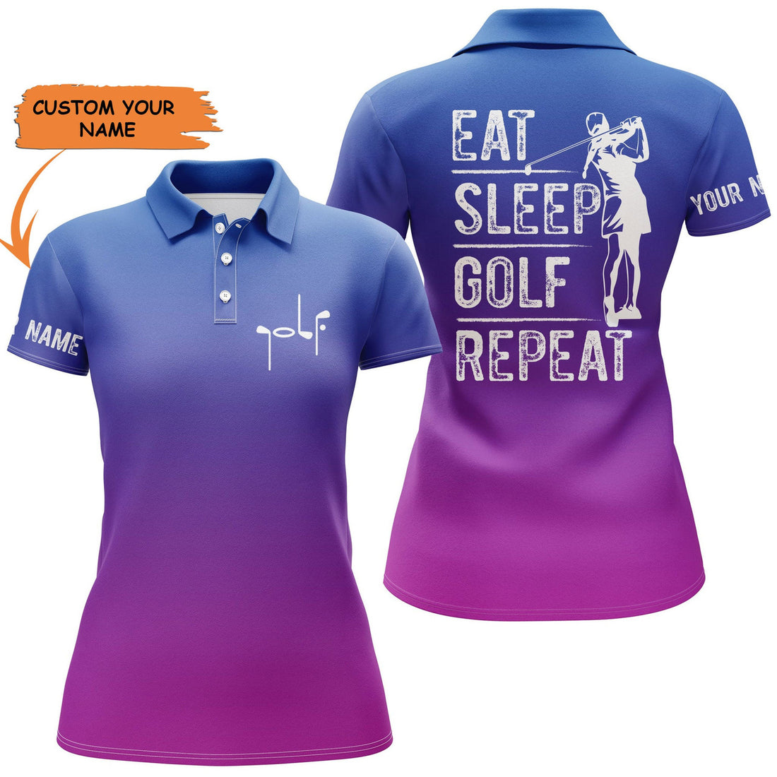 Custom Womens Golf Polo Shirt Custom Name Gradient Color Eat Sleep Golf Repeat, Gifts For Golf Lovers