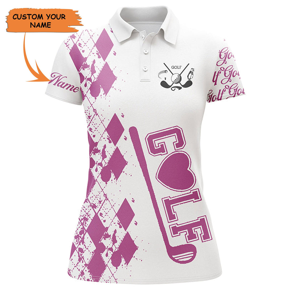 Custom Womens Golf Polo Shirt Custom Name Pink Golf Clubs White Golf Shirt For Women, Gifts For Golf Lovers